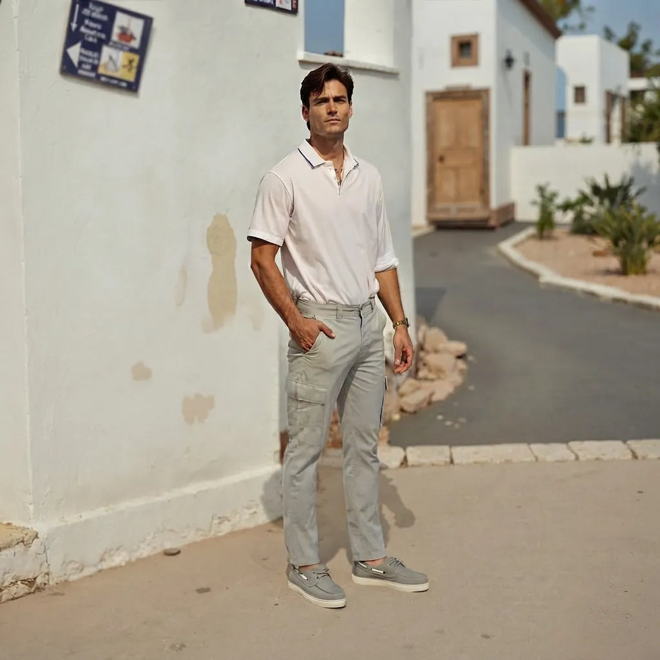 A man stands outdoors in a sunny, Mediterranean-style village setting wearing a white short-sleeve polo shirt, light gray cargo pants, and gray slip-on shoes.