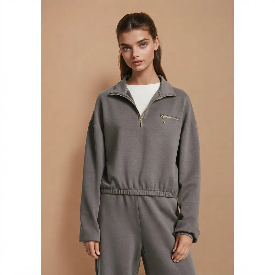 Sinsay Women's Grey Chest Pocket Half Zippered Sweatshirt