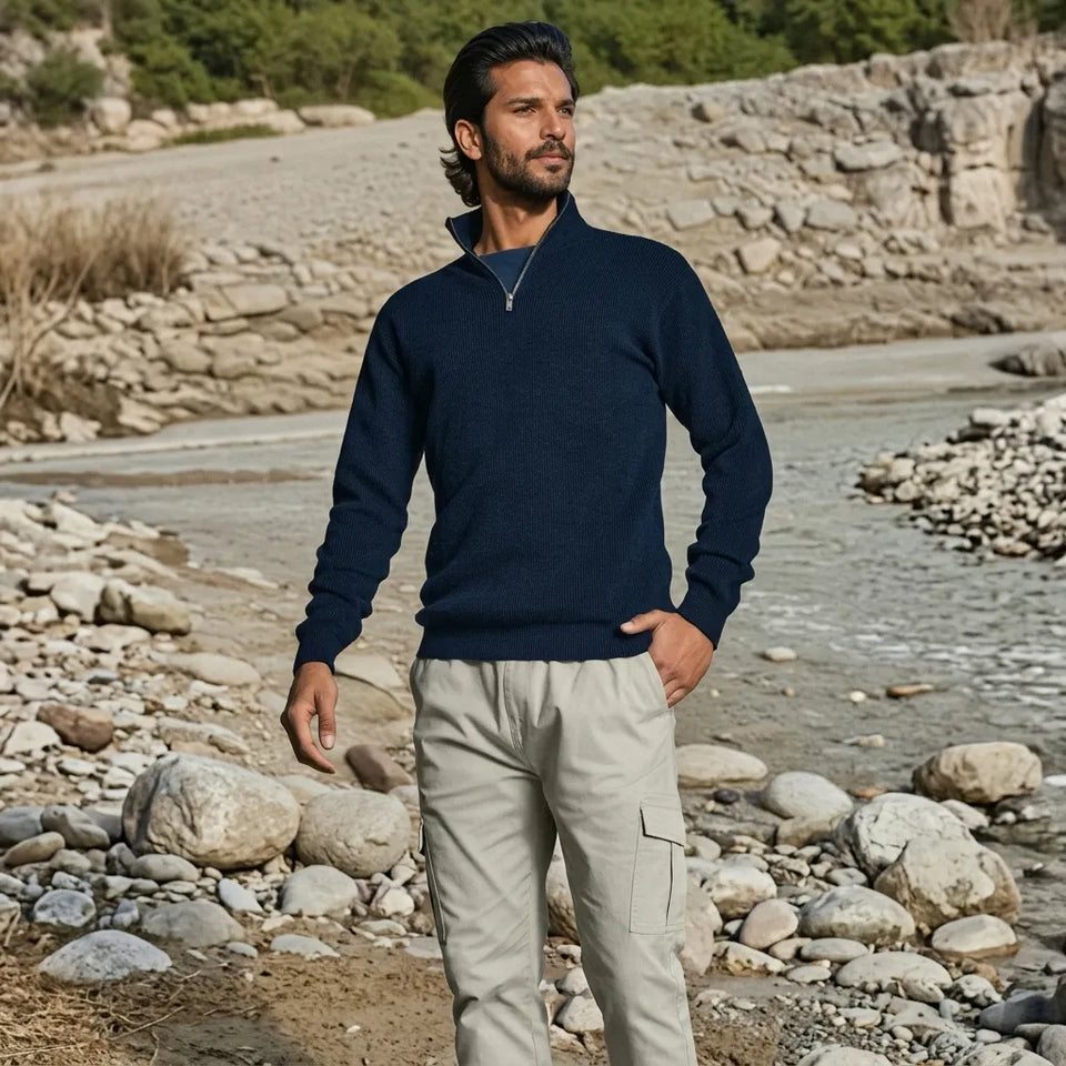 Sinsay Men's Navy Ribbed Zipper Collar Sweater