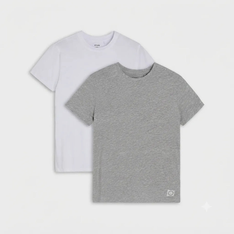 Two short-sleeve crewneck t-shirts, one heather gray and one solid white, displayed in a layered flat-lay arrangement on a light gray background.