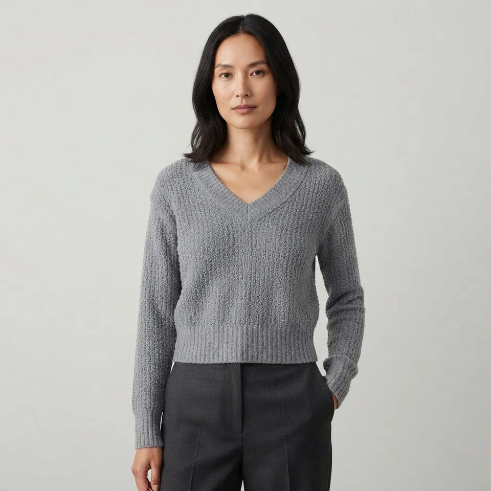 State Of Day Women's Gray Knitted V-Neck Long Sleeve Sweater