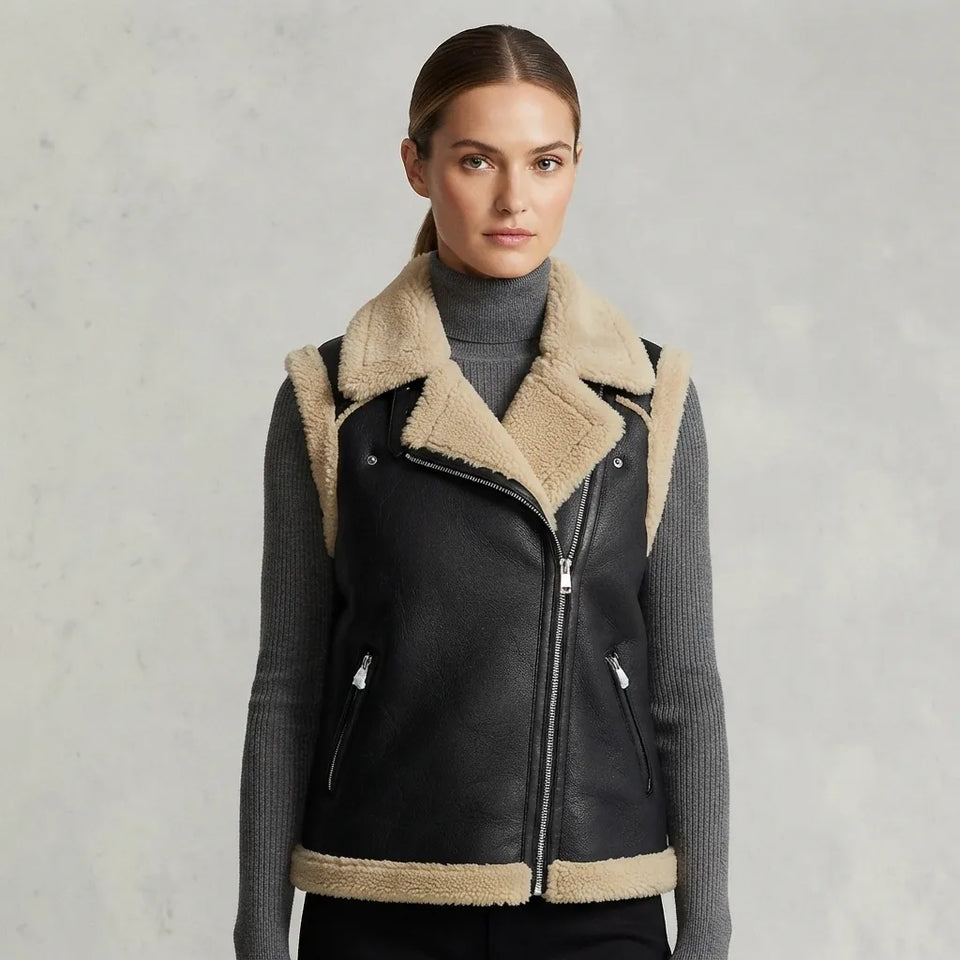 A woman wearing a black faux-leather moto jacket with beige sherpa lining over a dark gray ribbed turtleneck sweater, photographed against a light gray textured studio background.