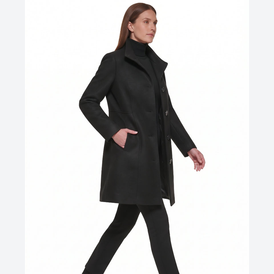 Calvin Klein Women's Black Stand-Collar Button-Front Wool Blend Coat