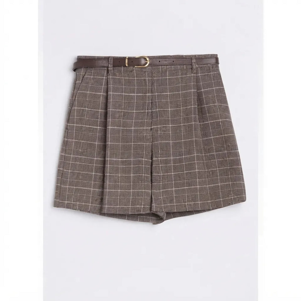 A pair of brown plaid shorts with a matching brown belt featuring a gold buckle, displayed flat against a light gray background.