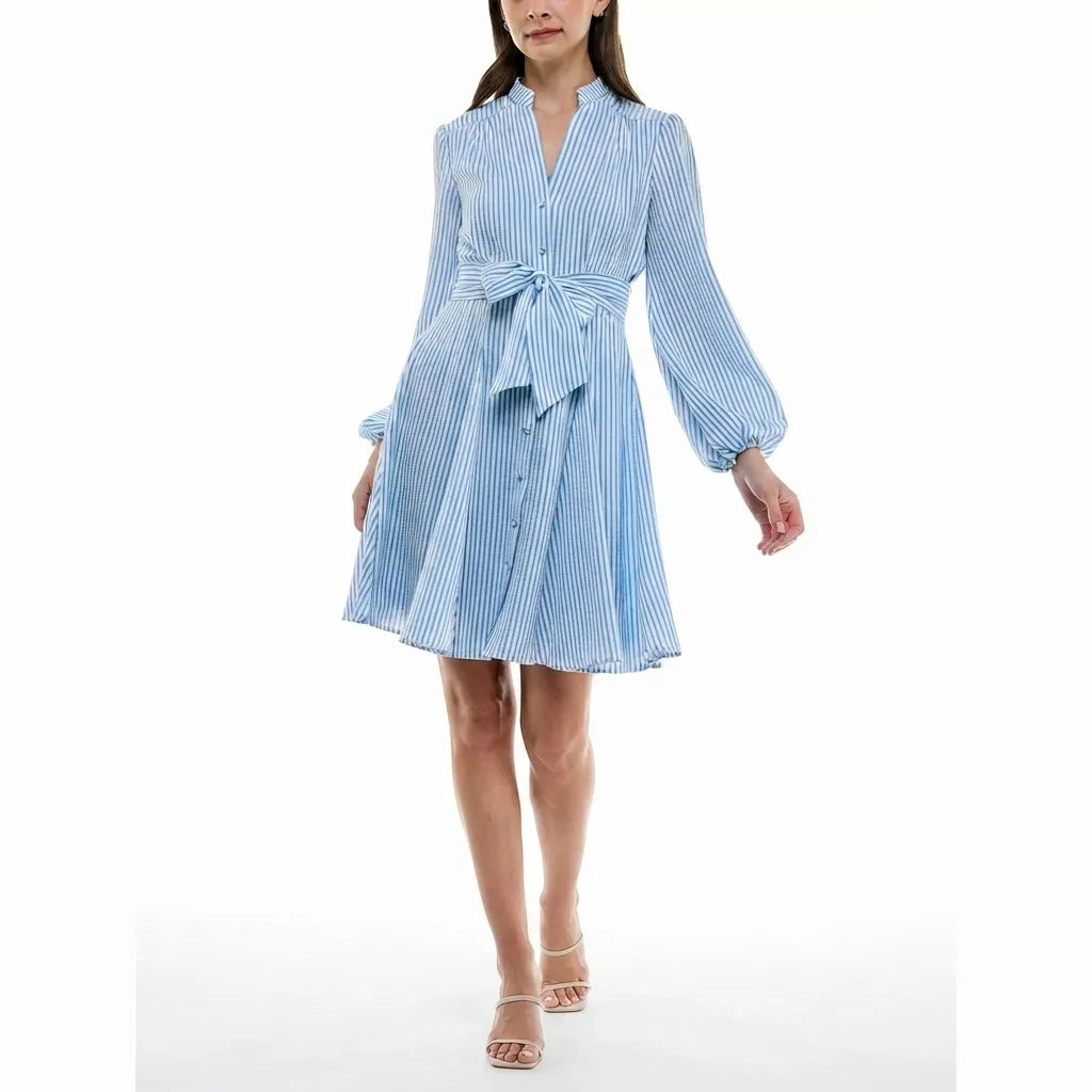 A woman modeling a light blue and white vertically striped long-sleeve shirt dress with a tie waist, shown against a plain white studio background.