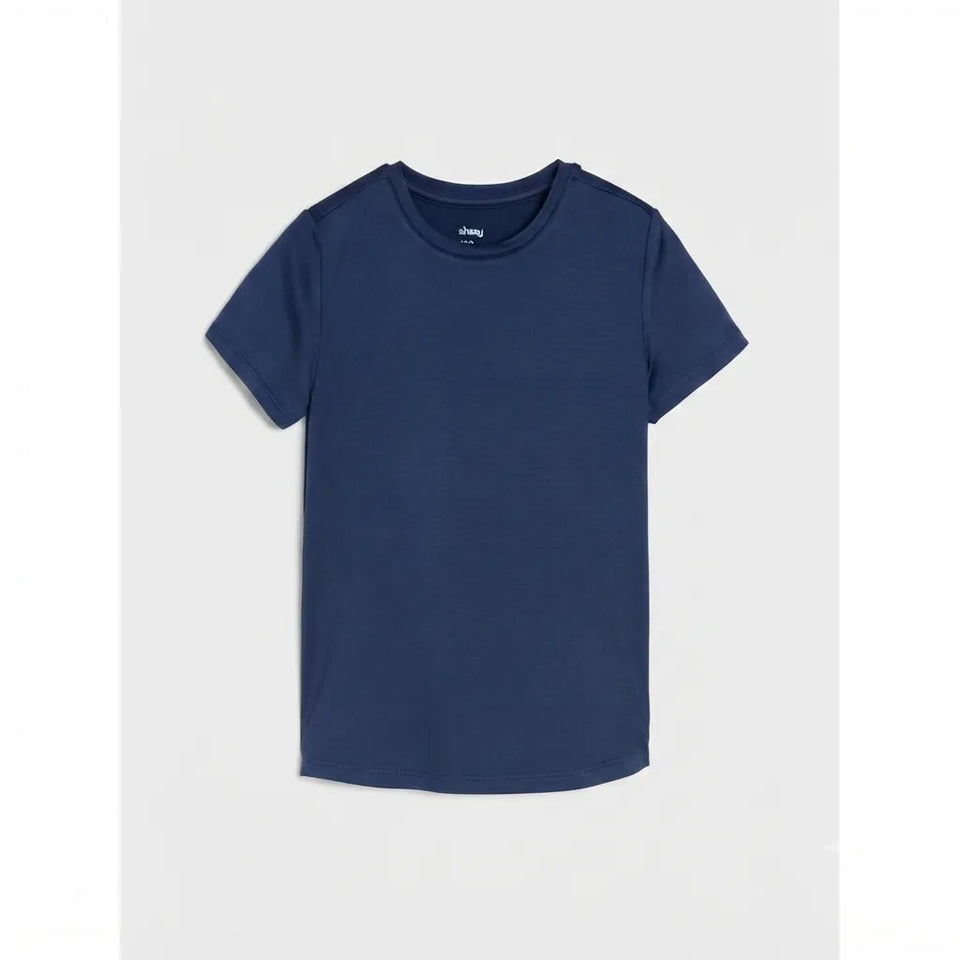 A navy blue short-sleeve crewneck t-shirt by the brand ohni, displayed flat against a light gray background.