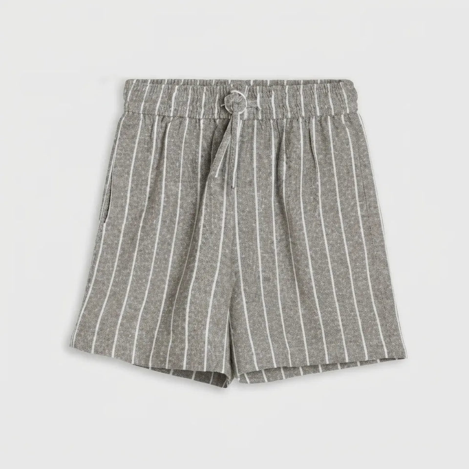 A pair of kids' drawstring shorts in heather gray with vertical white pinstripes, shown flat against a light gray background.