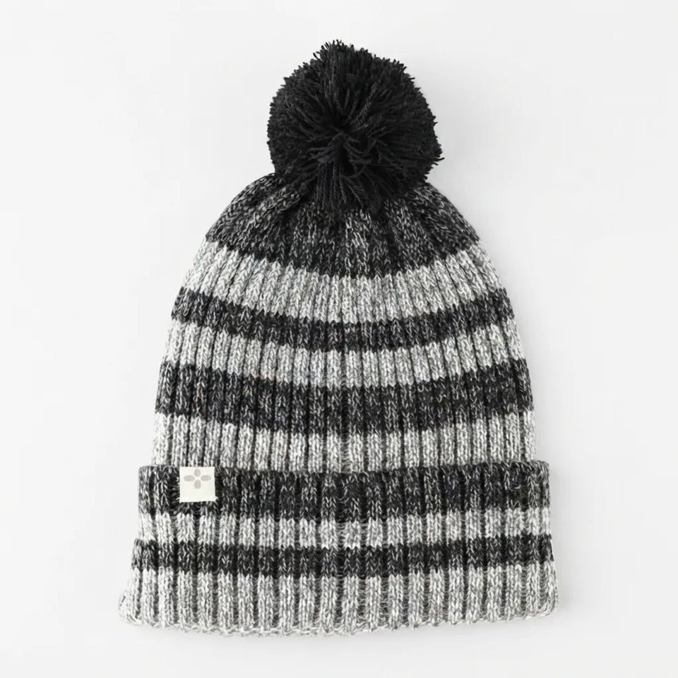Sun + Stone Men's Black & Gray Striped Knit Pom-Pom Beanie