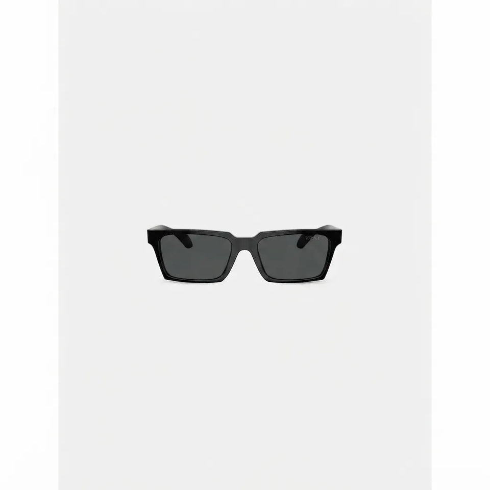 Black square sunglasses with dark gray lenses, shown from the front on a light gray background.