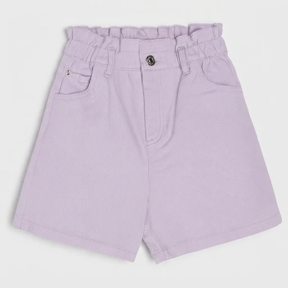 A pair of light purple denim shorts with a paperbag waistband, front button closure, and side pockets, shown flat on a light gray background.