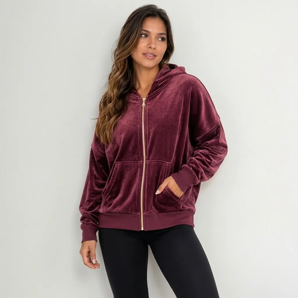 Felina Women's Plum Velvet Hooded Zip Up Pajama top