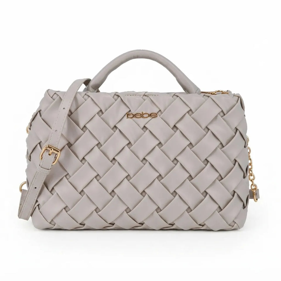 A light gray woven leather handbag with a top handle, adjustable shoulder strap, and gold-tone hardware, shown on a plain white background.