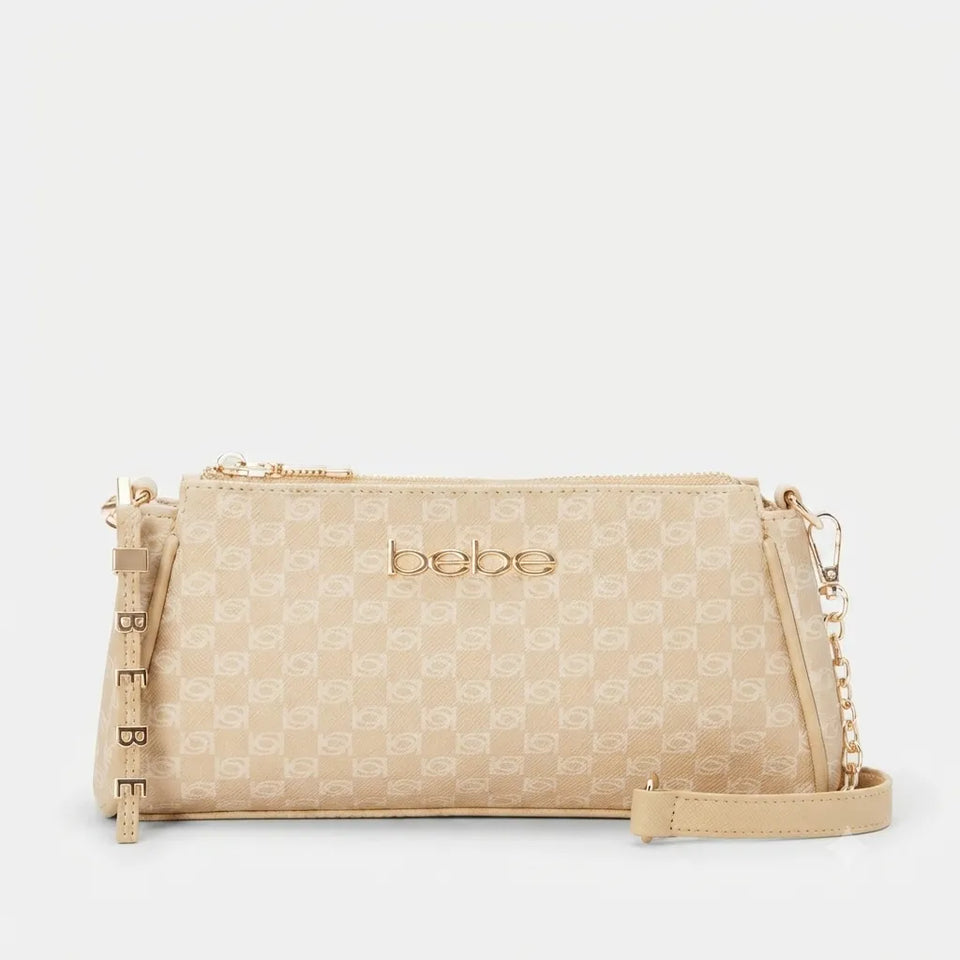 A beige monogrammed crossbody bag with a gold-tone 'bebo' logo on the front, shown against a light gray background.