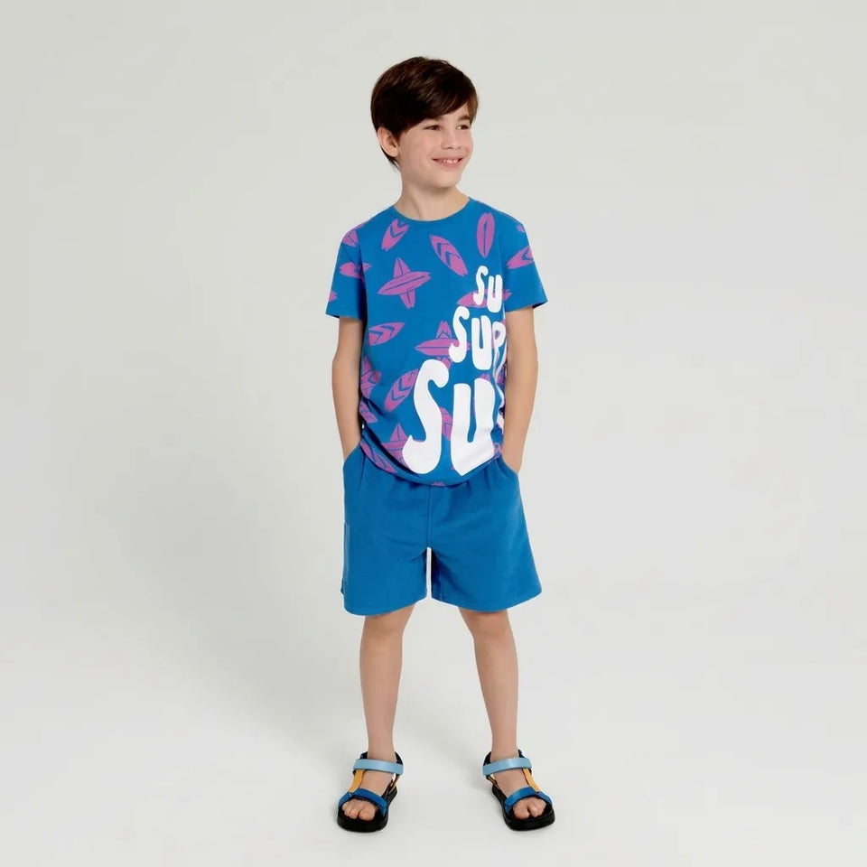 Sinsay Boy's Blue with Pink Surfboard All-Over & "SURF" Printed T-Shirt