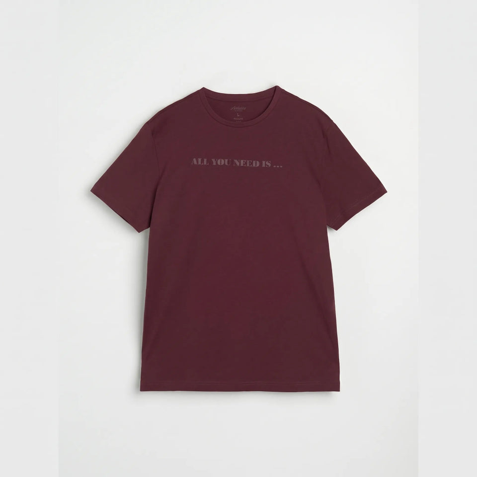 A short-sleeve crewneck t-shirt in maroon with the text 'ALL YOU NEED IS.