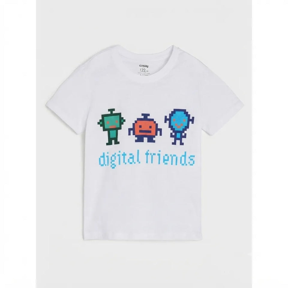 A white short-sleeve kids' t-shirt featuring a graphic of three pixel-art robots in green, orange, and blue above the text 'digital friends' in light blue, displayed on a light gray background.