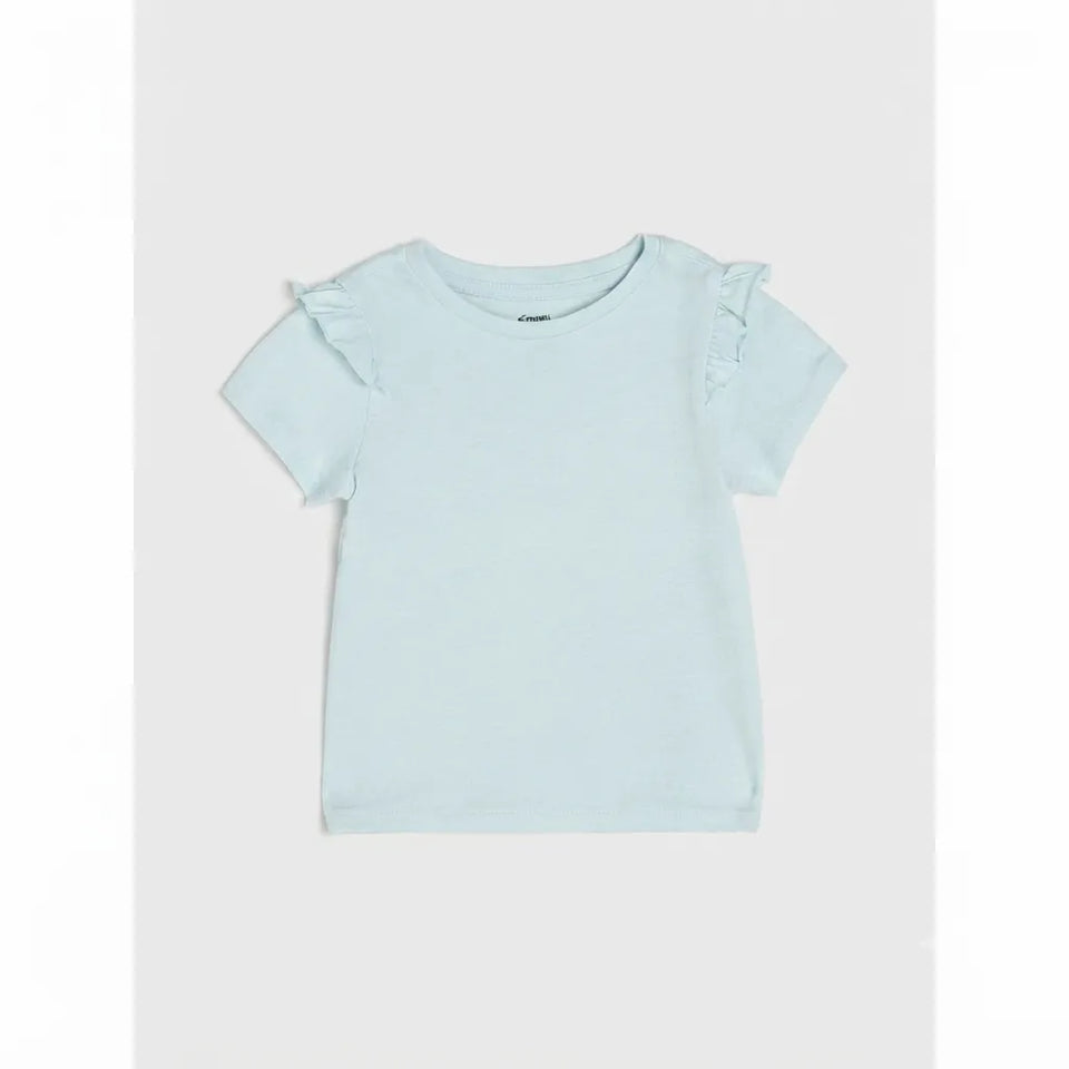 A light mint green short-sleeve baby t-shirt with delicate ruffle details on the shoulders, displayed flat against a light gray background.
