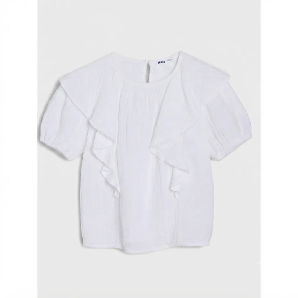 A white short-sleeve blouse with layered ruffle details, displayed flat against a light gray background.
