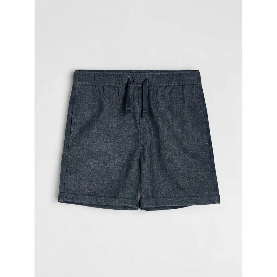 Dark heather gray drawstring shorts with a relaxed fit, laid flat against a light gray background.