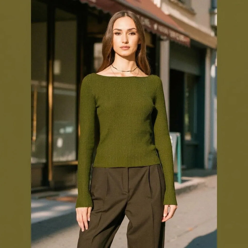 Sinsay Women's Olive Green Boat Neck Ribbed Knit Blouse