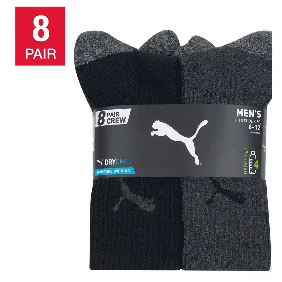 Puma Men's Black And Gray 8-Pair Crew With Dry Cell Moisture-Wicking Fabric Socks