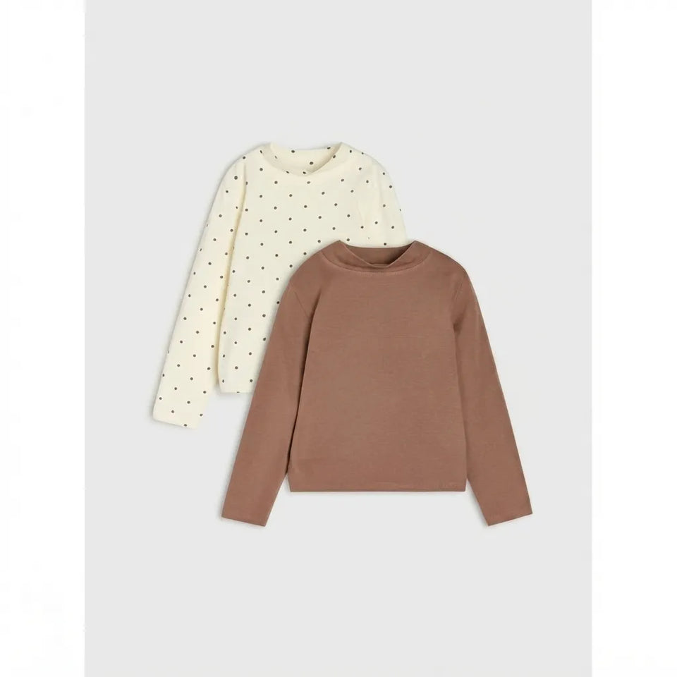 Two long-sleeve crewneck sweaters for kids, one in solid brown and the other in cream with small black polka dots, displayed on a light gray background.