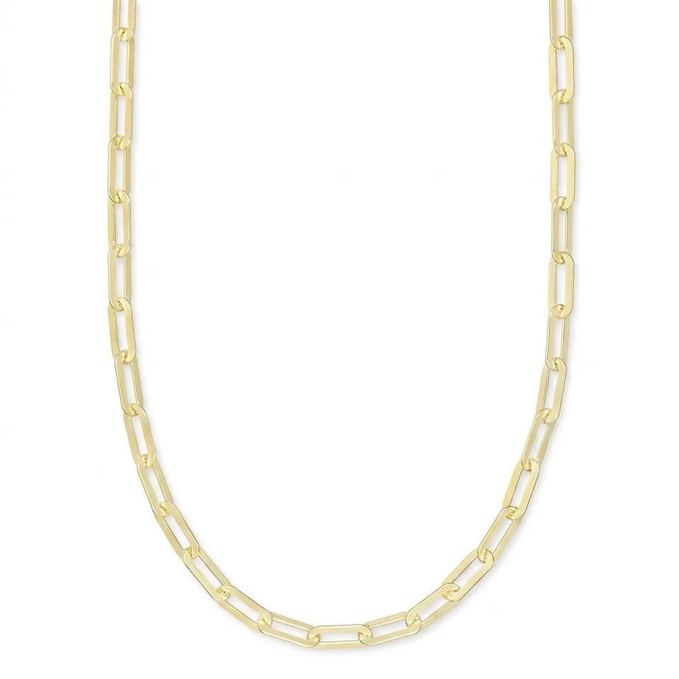 A gold paperclip chain necklace displayed in a U-shape against a plain white background.