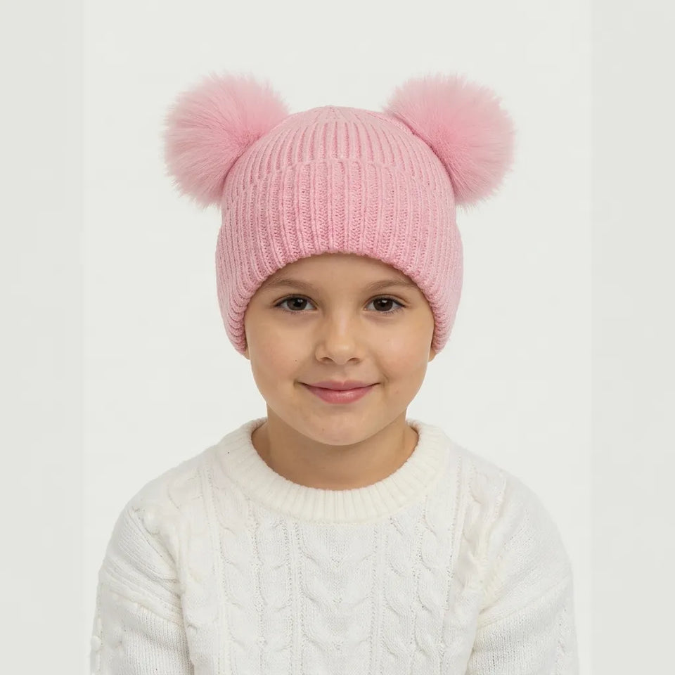 Sinsay Girl's Pink Fluffy Ears Ribbed Folded Cuff Beanie