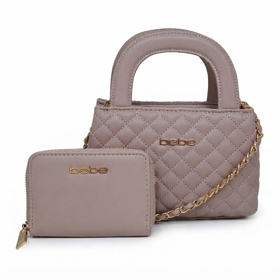 A light taupe quilted handbag set with a top handle and a matching zip-around wallet, both featuring gold-tone 'bebe' logos and a gold chain strap, shown on a white background.