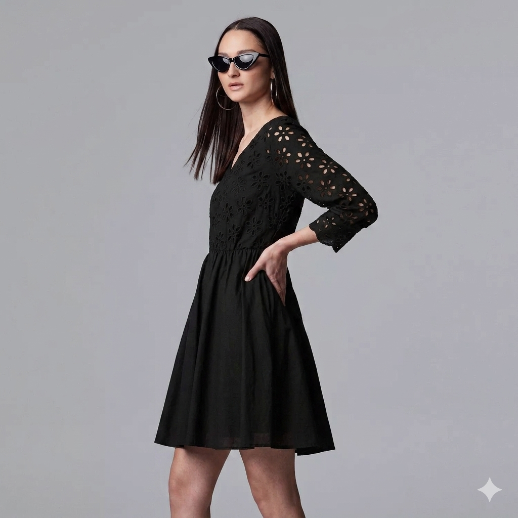 Simply Vera Women's Black Floral Eyelet Embroidered V-Neck Mini Dress|Simply Vera In Lebanon