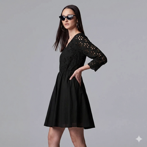 Simply Vera Women's Black Floral Eyelet Embroidered V-Neck Mini Dress|Simply Vera In Lebanon