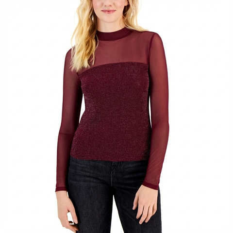 Crave Fame Women's Burgundy Lurex Illusion Mock Neck Top|Crave Fame In Lebanon
