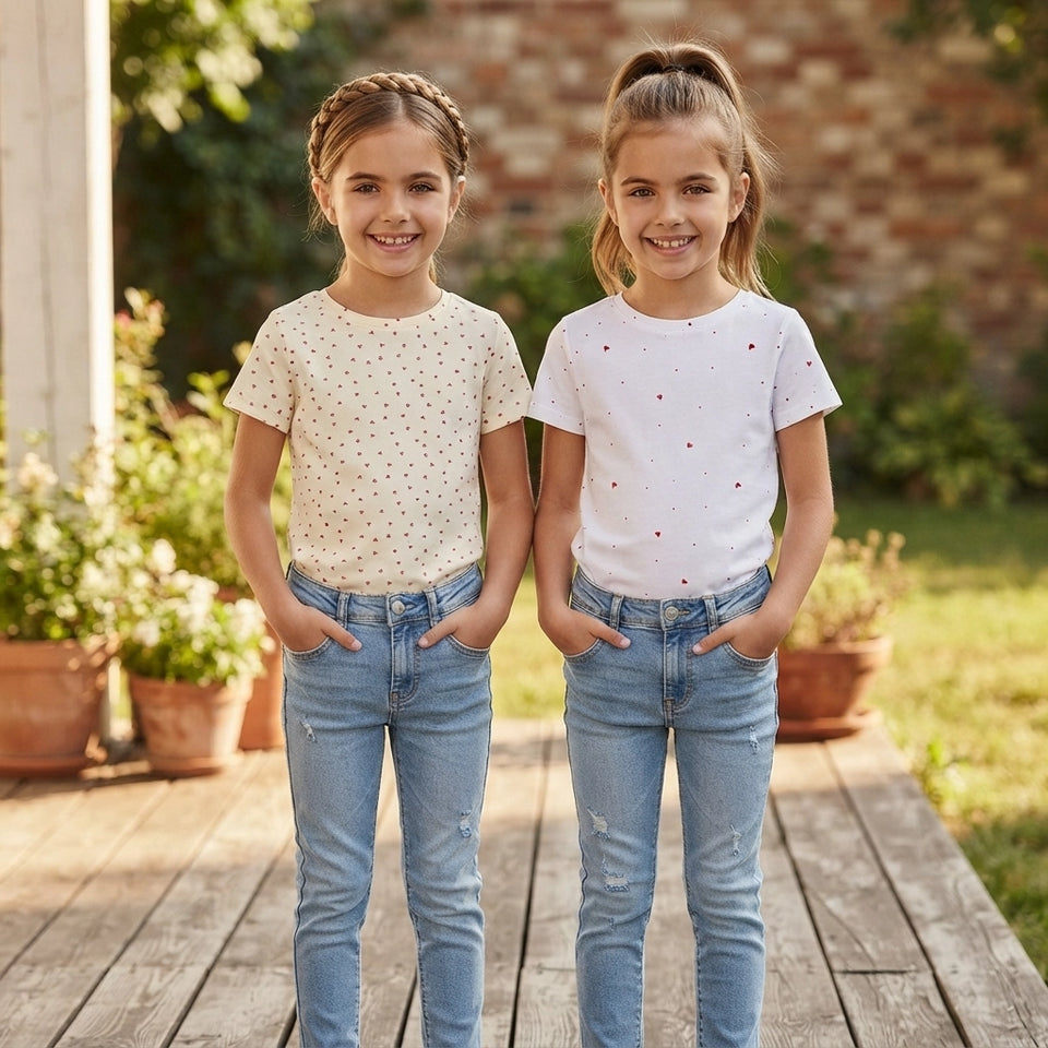 Two young girls standing side-by-side on a wooden deck outdoors, wearing matching light-wash blue jeans and short-sleeve t-shirts. The girl on the left wears a cream t-shirt with small brown polka dots, and the girl on the right wears a white t-shirt with small red dots.
