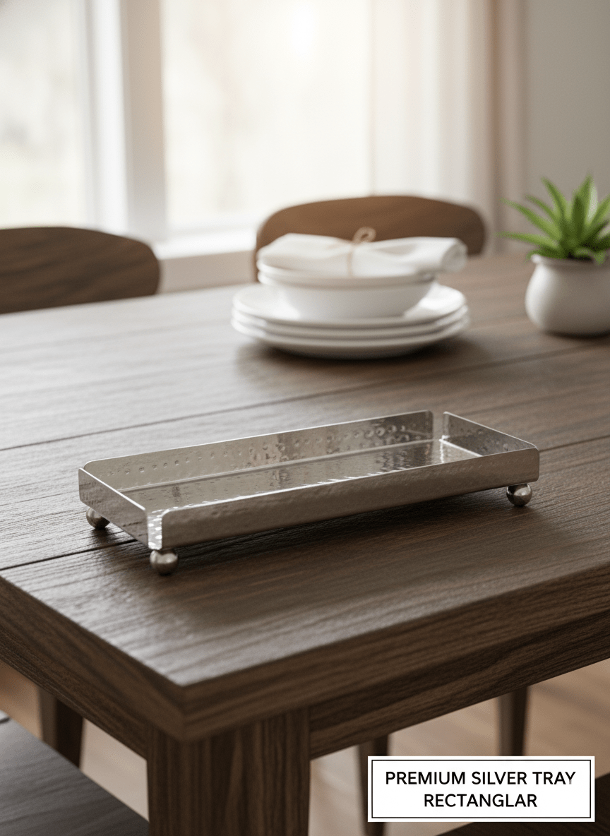 Rectangular silver tray on a wooden table with a blurred background