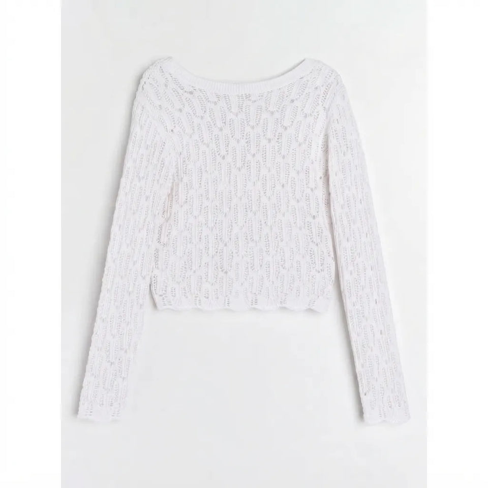 A white long-sleeve cropped knit top with a textured openwork pattern and scalloped hem, shown flat against a light gray background.