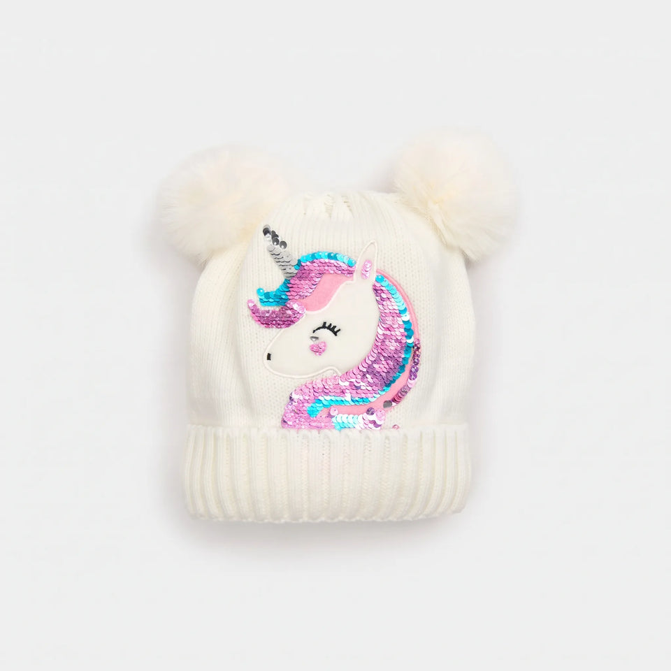 Sinsay Girl's White Unicorn Sequined with Bum-Bum Beanie