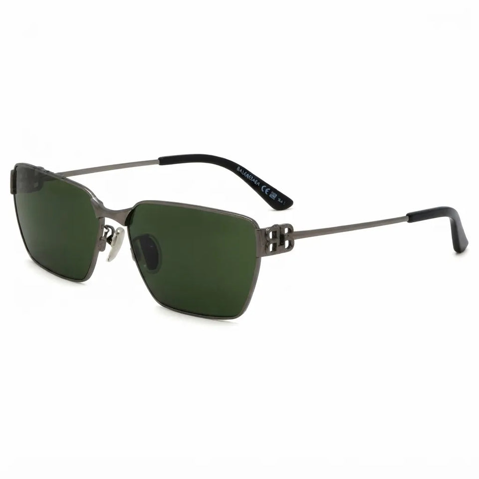 Square rimless sunglasses with dark green lenses and a metallic gunmetal gray frame, shown on a plain white background.