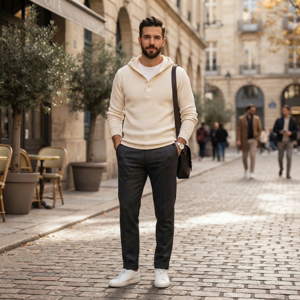 A man stands on a cobblestone street wearing a cream knit zip-up hoodie, dark charcoal trousers, and white sneakers, with a black shoulder bag slung over one shoulder.