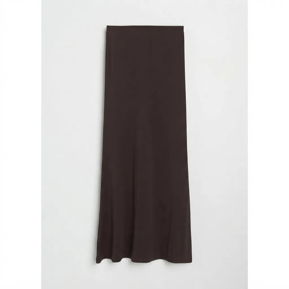 A dark brown, high-waisted midi skirt with a subtle sheen, shown flat against a light gray background.