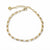 A gold chain bracelet featuring a row of clear baguette-cut crystals, a lobster clasp, and an adjustable extender chain with a decorative flower-shaped tag, shown on a plain white background.