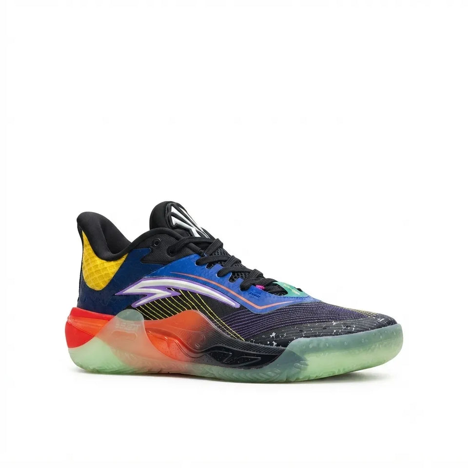 A single Li-Ning basketball shoe shown from the side profile on a solid white background. The shoe features a dark navy blue and black textured upper with a bright blue side stripe, a yellow heel accent, and a translucent midsole showing red, orange, and green gradient details.