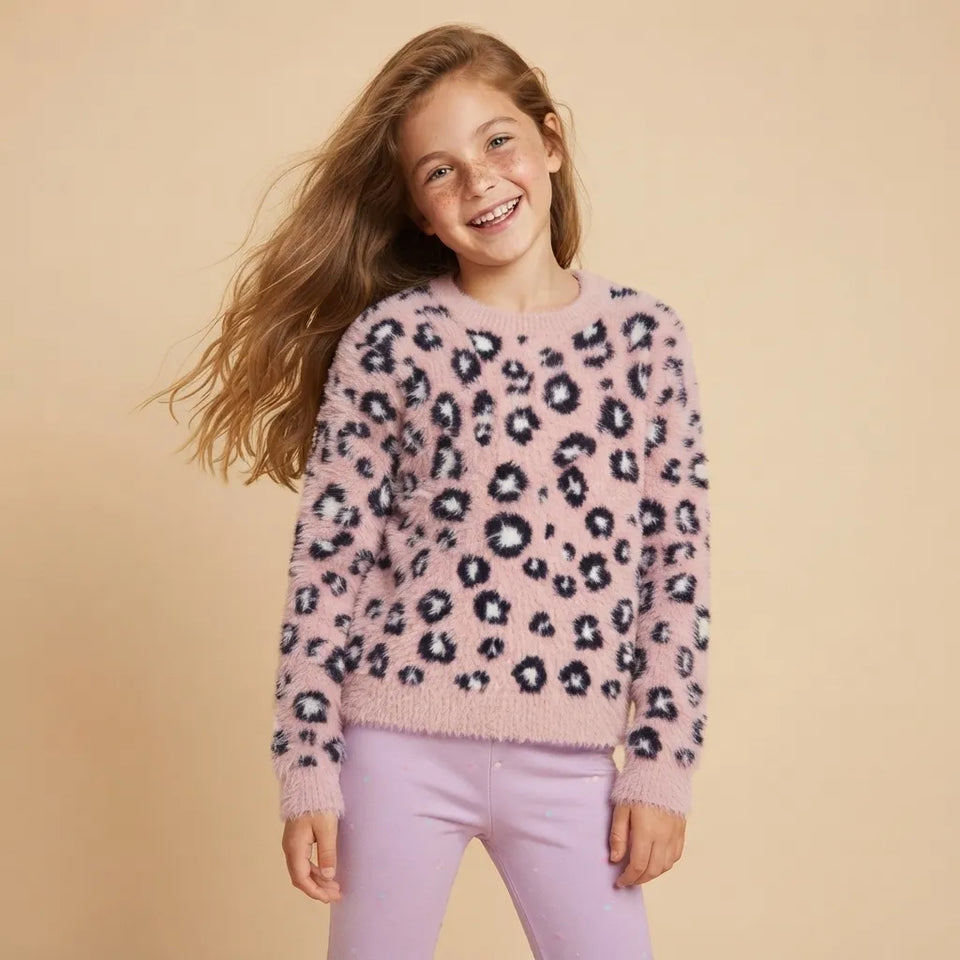 Sinsay Girl's Pink Leopard Print Crew Neck Sweater