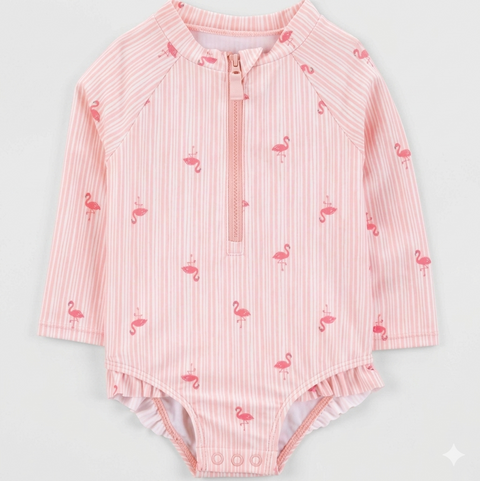 Carter's Baby Girl's Pink Long Sleeve Flamingo Printed Striped Rash Guard Swimsuit  |Carter's in Lebanon