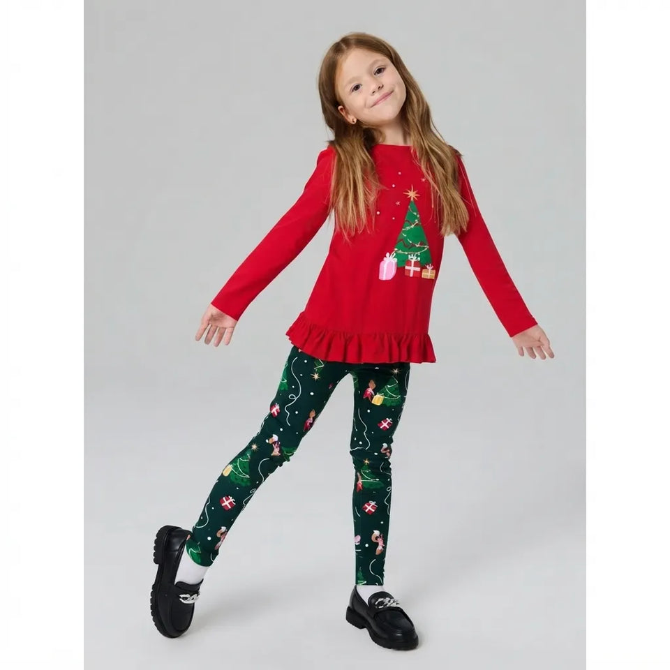 Sinsay Girl's Red/Dark Green Blouse And Legging Holiday Set