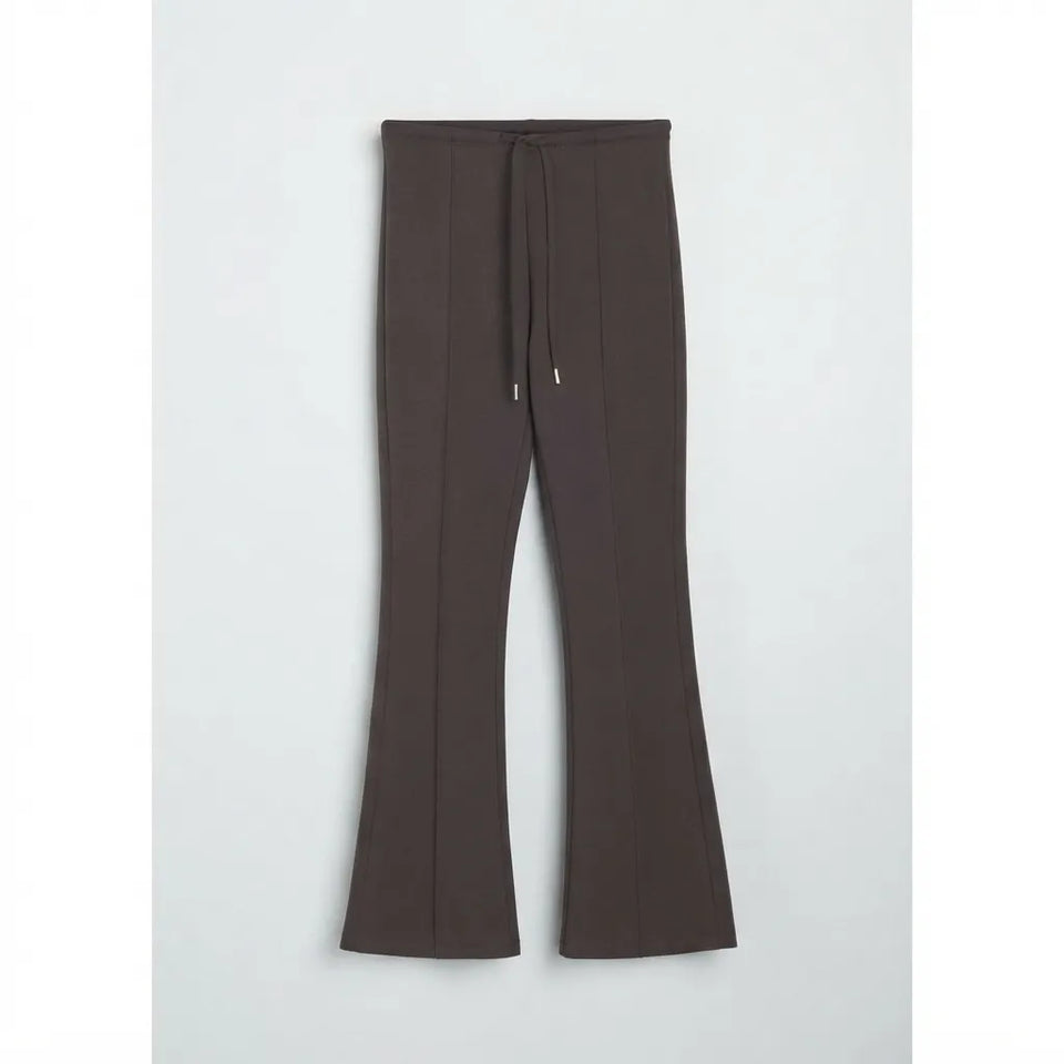 Dark brown flared trousers with a drawstring waist, displayed flat against a light gray background.