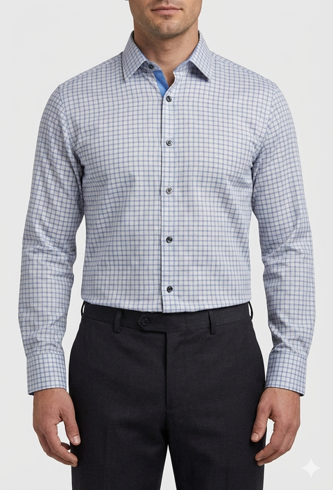 Duchamp London Men's Blue Checkered Slim Fit Cotton Stretch Dress Shirt|Duchamp London In Lebanon