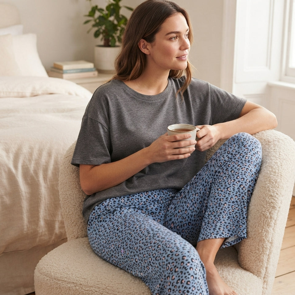 Cuddl Duds Women's Blue Leopard-Print Wide-leg Pajama Bottom