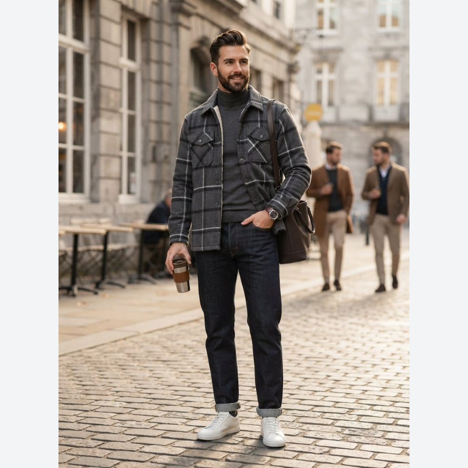 Jachs New York Men's Dark Gray Plaid Sherpa-Lined Overshirt