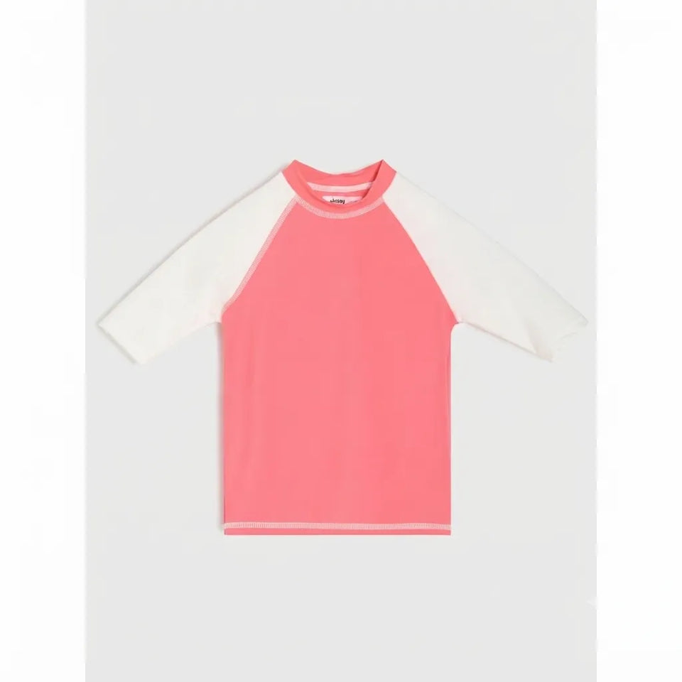 A short-sleeve raglan t-shirt with a solid pink body and white sleeves, displayed flat against a light gray background.