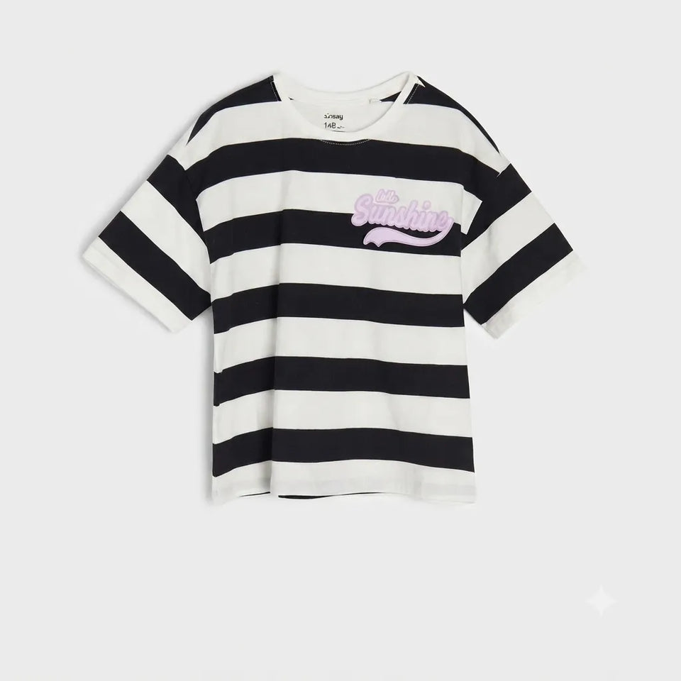 Sinsay Girl's White/Black Striped Short Sleeve Cotton T-Shirt